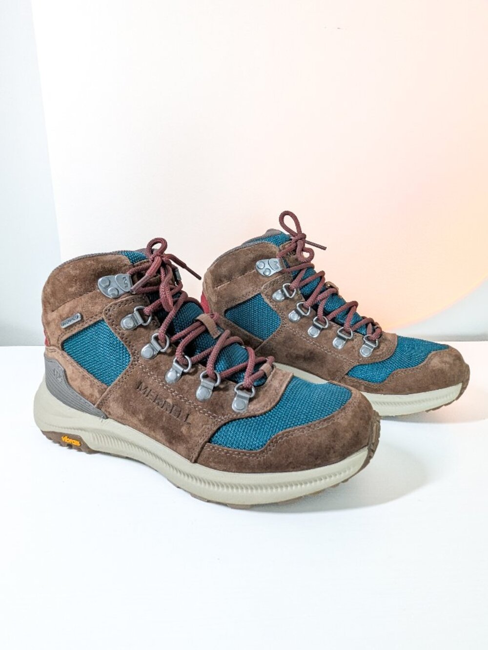 Merrell Ontario 85 Mid Waterproof Hiking Boots Brown Teal Size 7.5 Gorpcore Warm